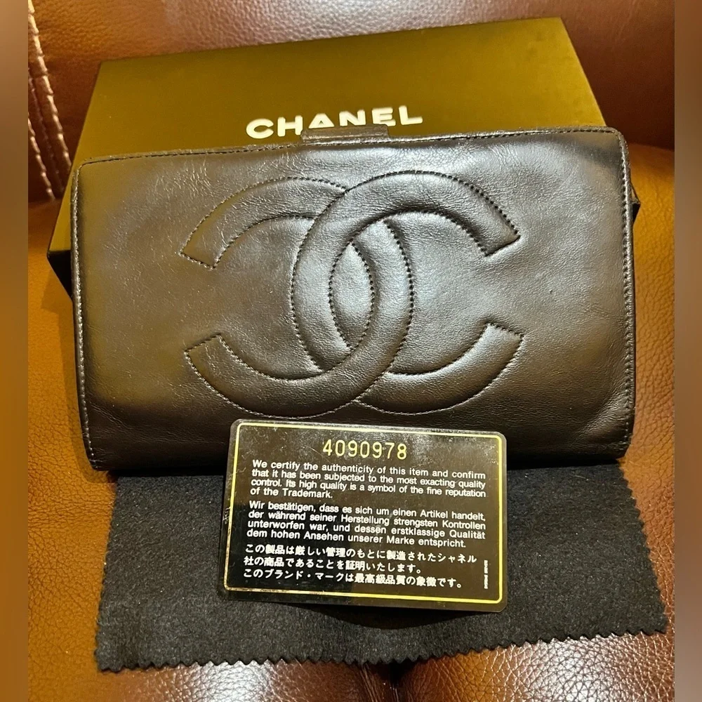 Authentic Vintage Chanel Timeless CC Long Wallet. box and authenticated card.